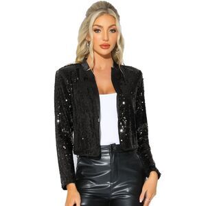 Sequin Crop Party Long Sleeve Open Front Sparkle Glitter Blazer Black